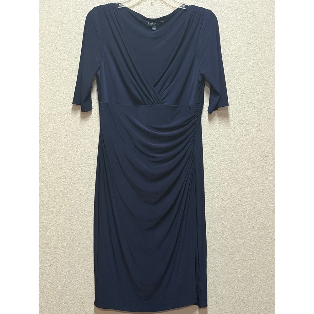 Lauren Ralph Lauren Navy Blue Ruched Faux Wrap Sheath Dress Size 10